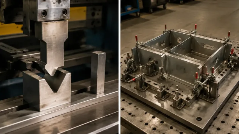 Press brake tooling dies and a welding fixture jig for sheet metal enclosure assembly