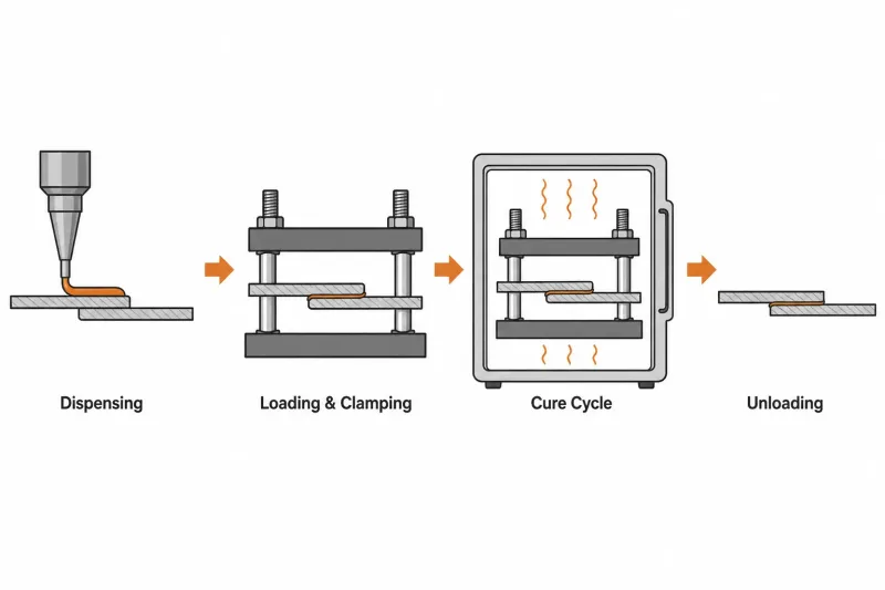 Technical diagram showing the four-step adhesive bonding production cycle: dispensing, loading, curing, and unloading