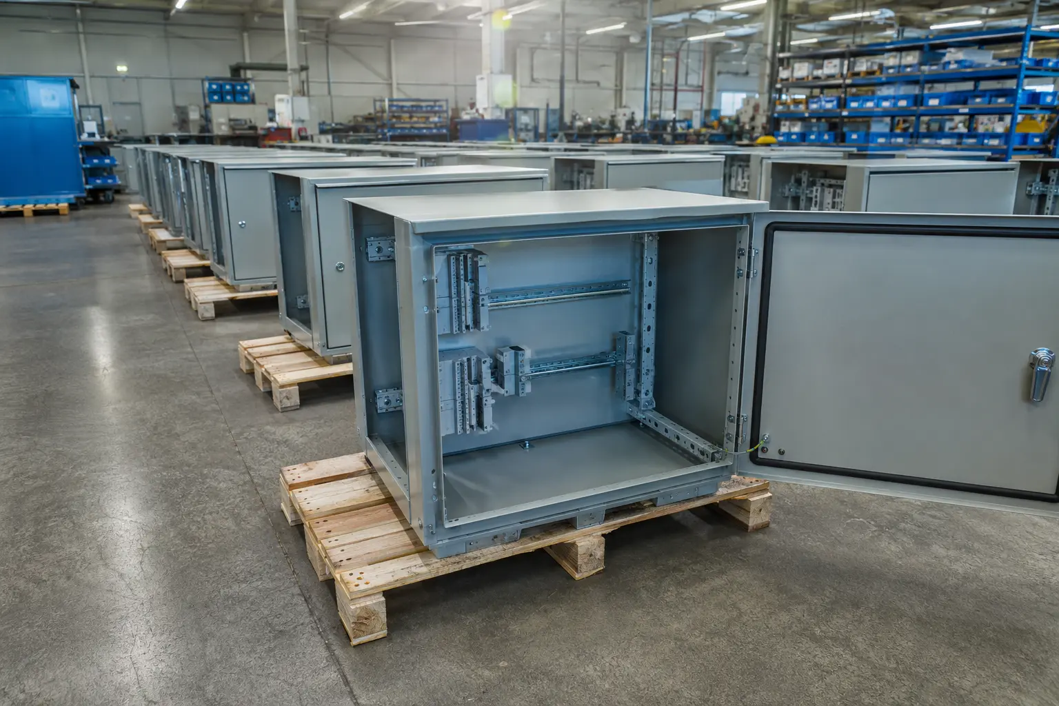 Metal enclosure production line with stacked sheet metal cabinets in a factory setting