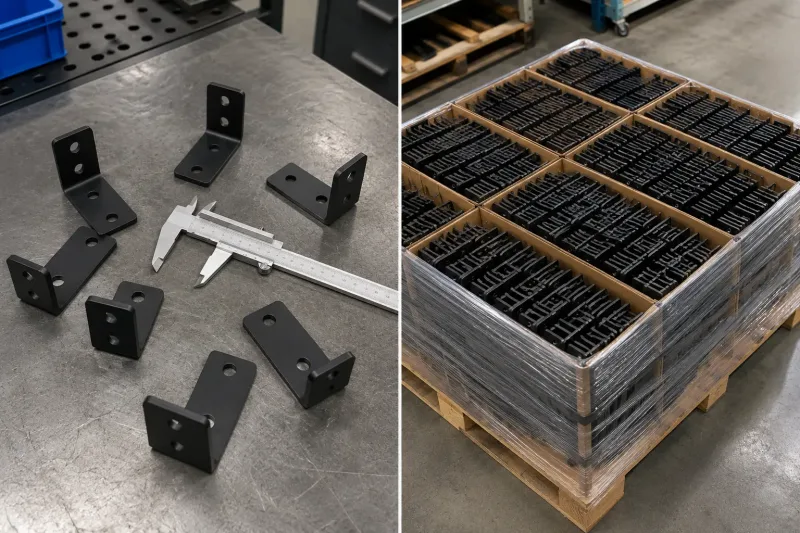 Side-by-side comparison of a small prototype batch and a large production run of identical sheet metal brackets showing differences in scale and packaging