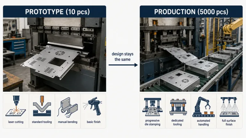 Infographic comparing prototype laser cutting and manual bending versus production stamping die manufacturing for sheet metal parts