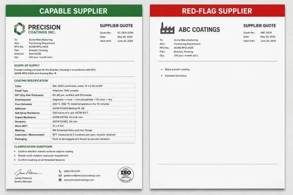 Side-by-side comparison of a capable supplier RFQ response with detailed specifications versus a red-flag RFQ response with vague or missing information