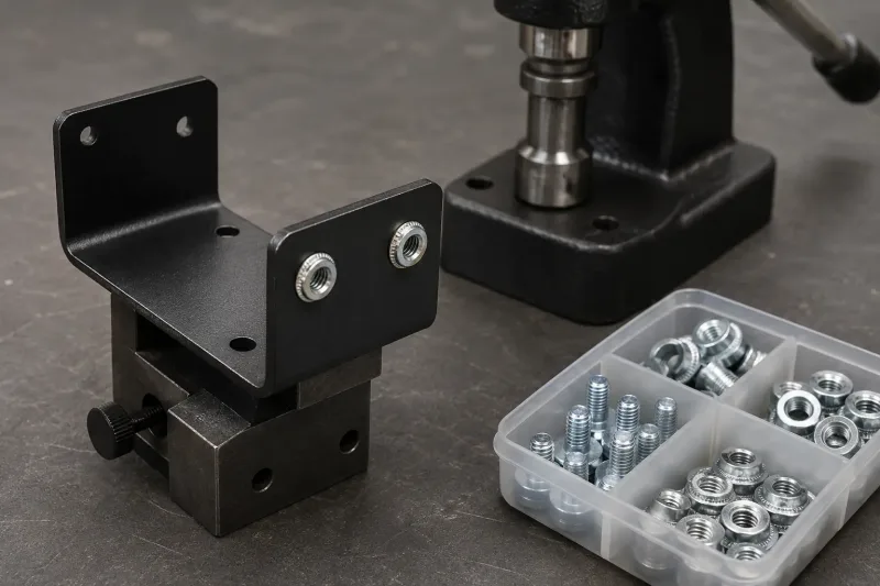 Close-up of self-clinching nuts and studs installed on a powder-coated sheet metal bracket on a workbench with hardware components in a tray