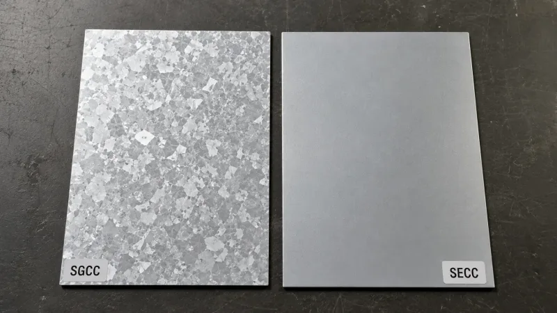 Side-by-side macro comparison of hot-dip galvanized steel with zinc spangle pattern and smooth electrogalvanized steel surface