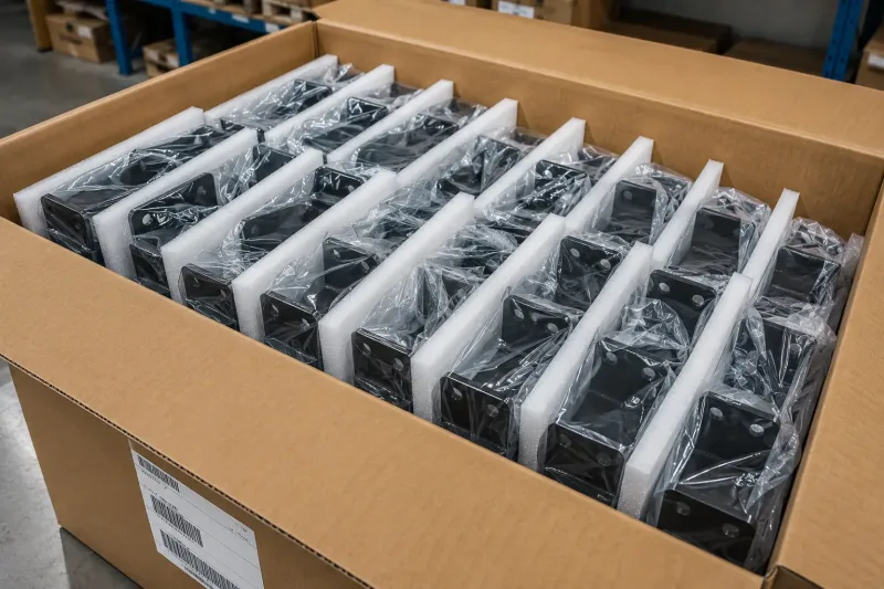 Powder-coated sheet metal brackets individually wrapped in protective film and packed in layers with foam dividers inside a shipping carton