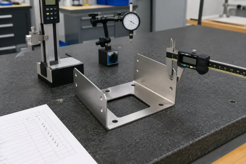 A stainless steel sheet metal bracket being measured with a digital caliper and height gauge on a granite surface plate during quality inspection