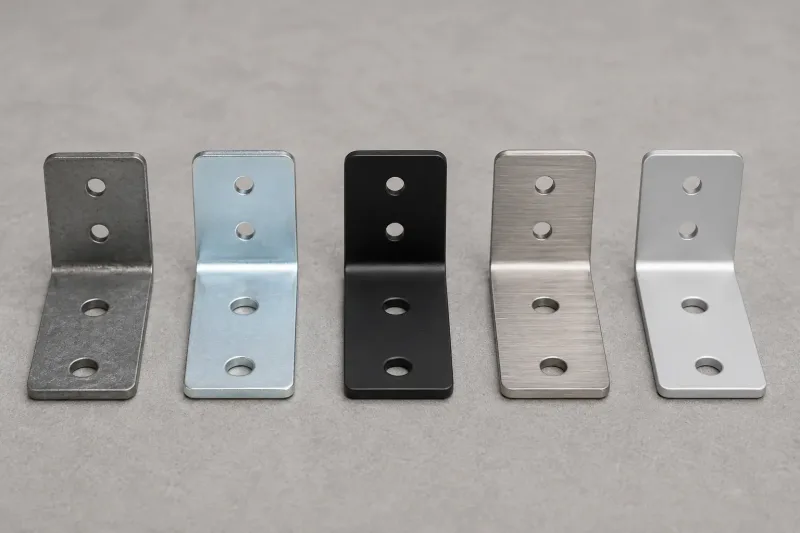 Five identical L-shaped sheet metal brackets showing different surface finishes including raw steel zinc plating powder coating brushed stainless and anodized aluminum