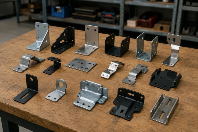 Various types of custom sheet metal brackets including L-shaped U-shaped and Z-shaped designs arranged on a workbench