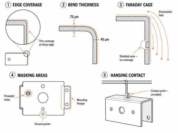 Horizontal flow diagram showing the five stages of powder coating quality verification from RFQ review through outgoing inspection