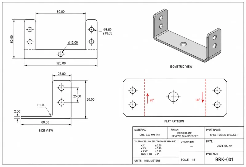 Technical drawing layout showing front view, side view, isometric view, and flat pattern of a sheet metal part arranged on a drawing sheet