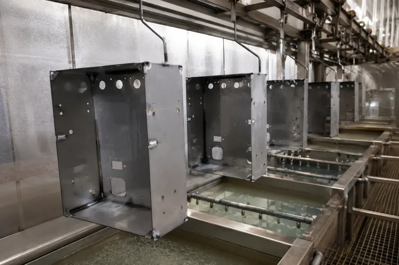 Bare sheet metal enclosures prepared for cleaning and pretreatment before powder coating