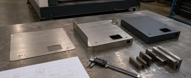 Flat sheet metal blank progressing to finished bent and coated fabrication parts on a workshop bench