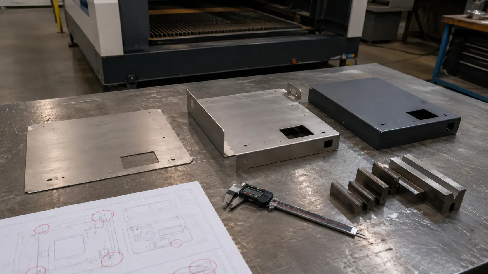 Flat sheet metal blank progressing to finished bent and coated fabrication parts on a workshop bench