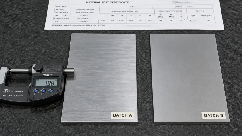 Two steel sheet samples from different material batches placed side by side with thickness measurement tools