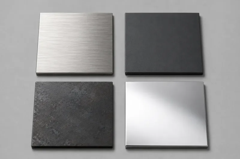 Four sheet metal material samples showing different finishes: brushed stainless steel, powder-coated aluminum, raw hot-rolled steel, and mirror-polished aluminum