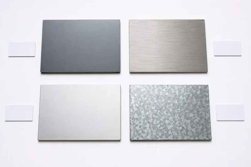 Four sheet metal material samples including cold-rolled steel stainless steel aluminum and galvanized steel laid flat for comparison