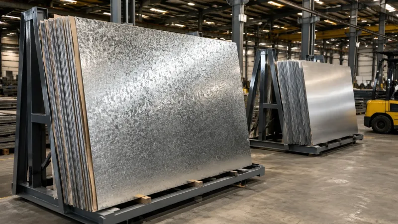 Stacks of stainless steel and galvanized steel sheets stored in a metal fabrication warehouse for cost comparison