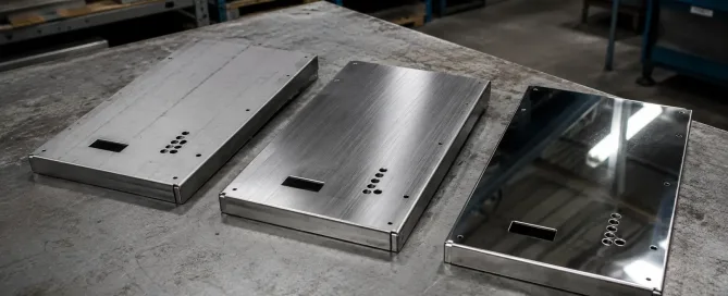 Close-up photograph of brushed stainless steel sheet metal enclosure panels with visible surface texture differences