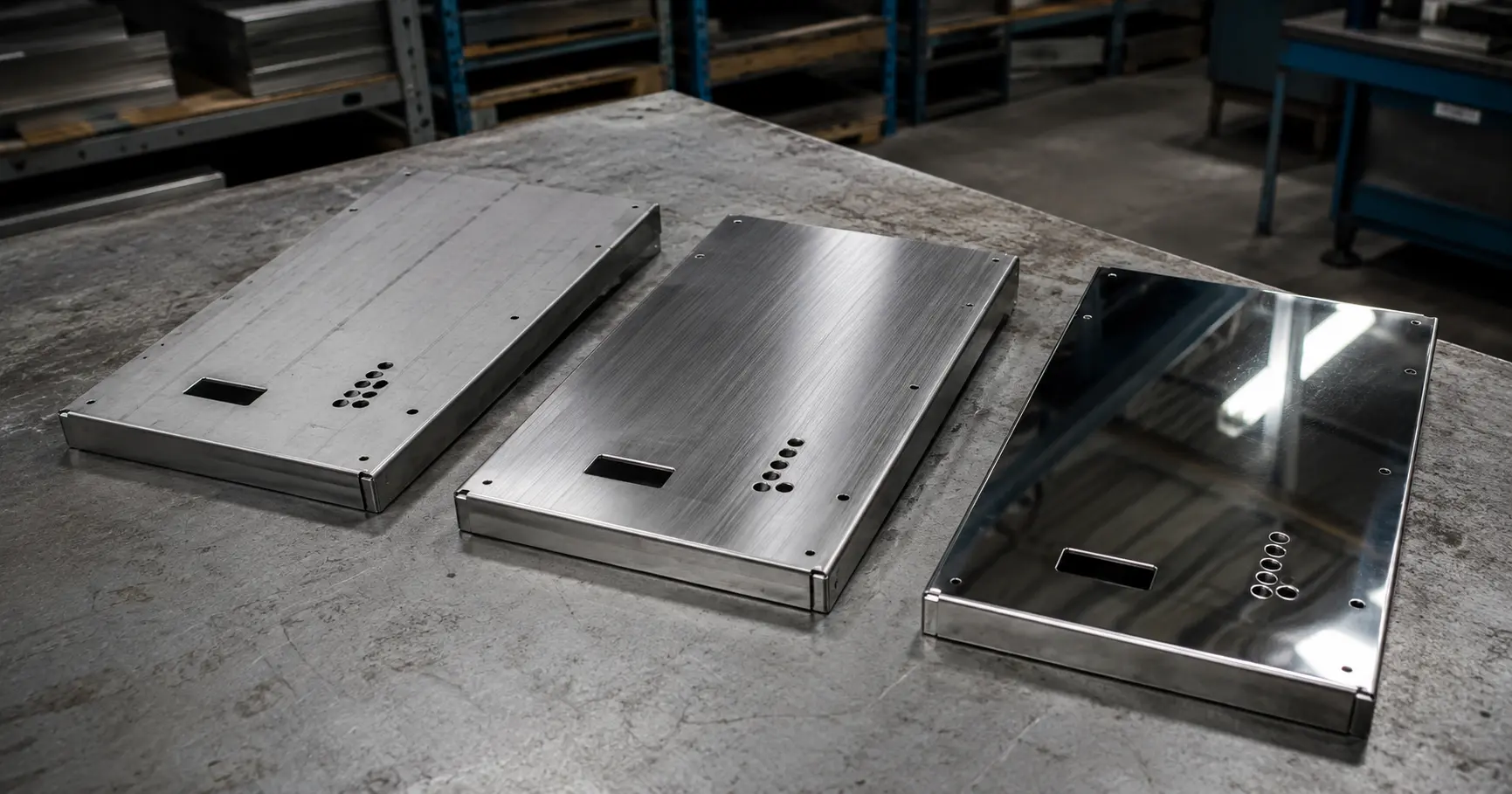 Close-up photograph of brushed stainless steel sheet metal enclosure panels with visible surface texture differences