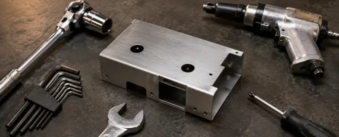 Sheet metal enclosure surrounded by assembly tools demonstrating tool clearance challenges