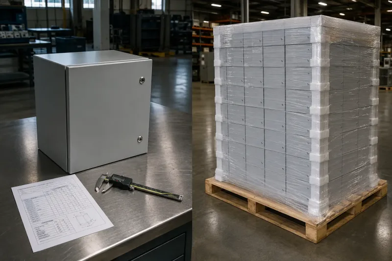 Single sheet metal enclosure prototype next to a large batch of identical enclosures on a factory pallet