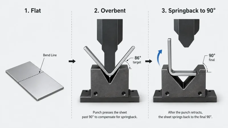 Three-stage illustration of sheet metal springback showing flat state, overbent state, and final springback to target angle
