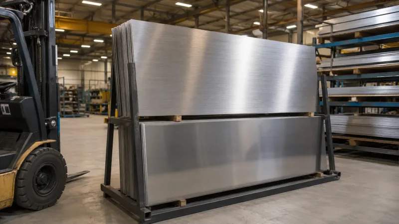 Stack of polished stainless steel sheets with different surface finishes stored in a metal fabrication warehouse