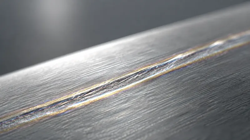 Close-up photograph of a stainless steel surface with a shallow scratch showing the self-repairing chromium oxide passive film