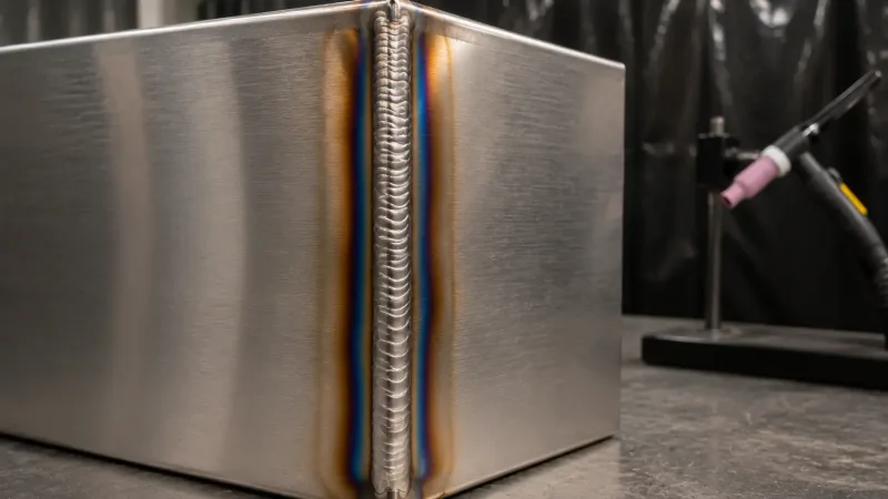 TIG welding a stainless steel enclosure joint showing a clean weld bead and heat tint on the surrounding surface