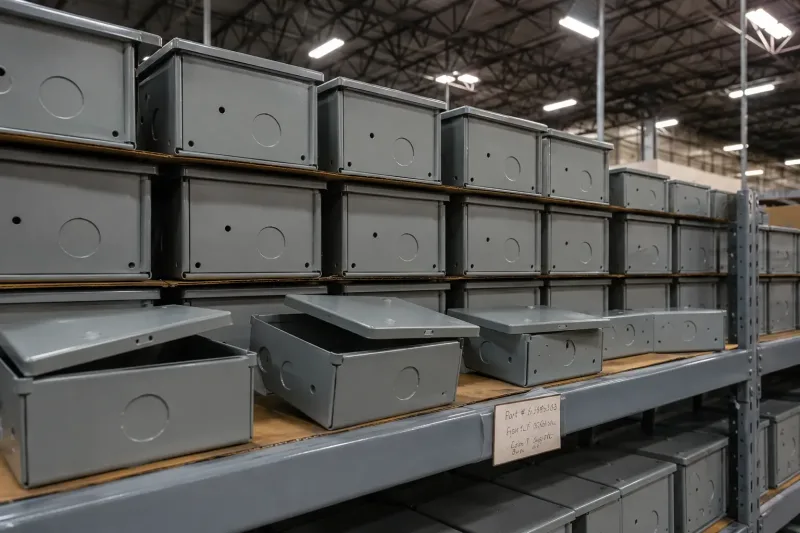 Warehouse shelving stocked with identical powder-coated steel electrical junction boxes representing make-to-stock inventory