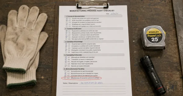 Supplier audit checklist on a clipboard covering MTR review process, technical verification, capability, traceability, and nonconformance handling