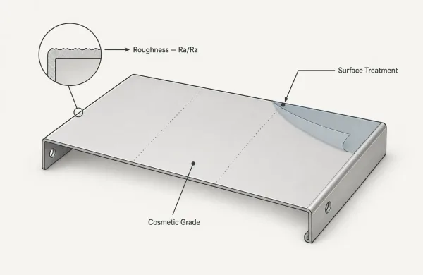 Technical diagram showing three dimensions of surface requirements — roughness, surface treatment, and cosmetic grade