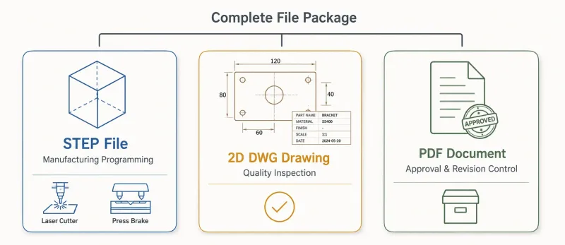 Infographic showing how 3D STEP file, 2D DWG drawing, and PDF document each serve different roles in sheet metal fabrication workflow