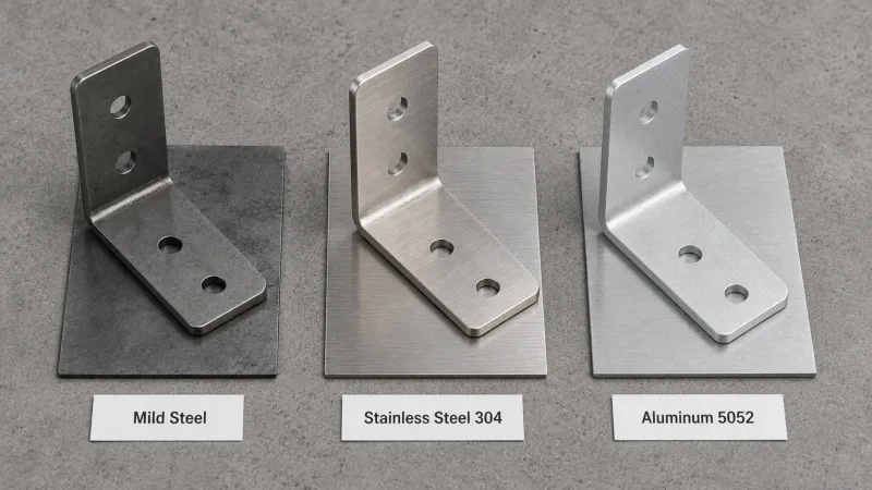 Three identical sheet metal L-brackets made from mild steel, stainless steel 304, and aluminum 5052 showing surface texture and finish differences