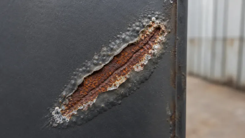 Photograph of a powder-coated metal panel with a scratch damage site showing red rust spreading beneath the surrounding coating