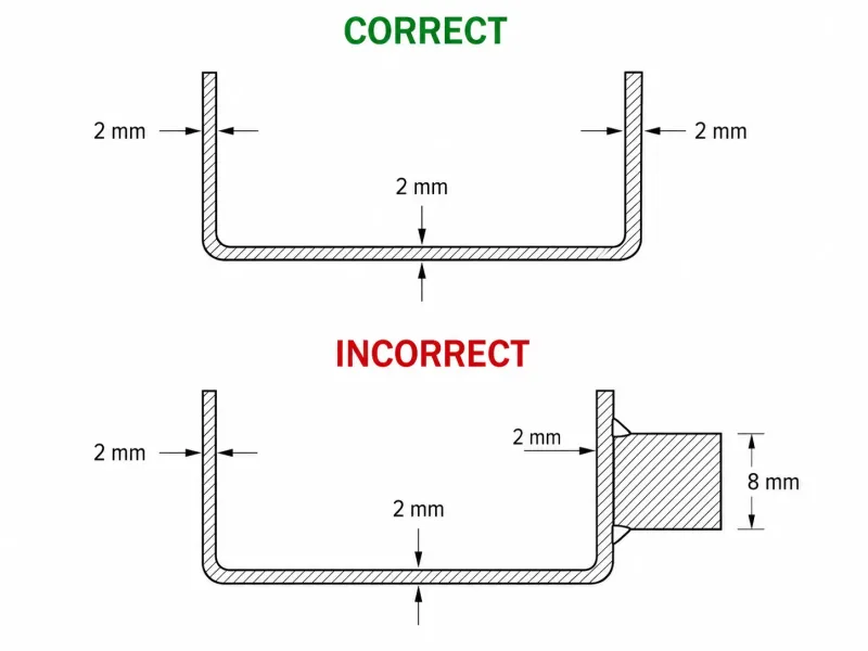 Cross-section diagram showing correct uniform wall thickness versus incorrect variable thickness in sheet metal design