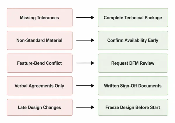 Five common sheet metal production workflow disruptions paired with their corresponding prevention methods in a side-by-side comparison layout