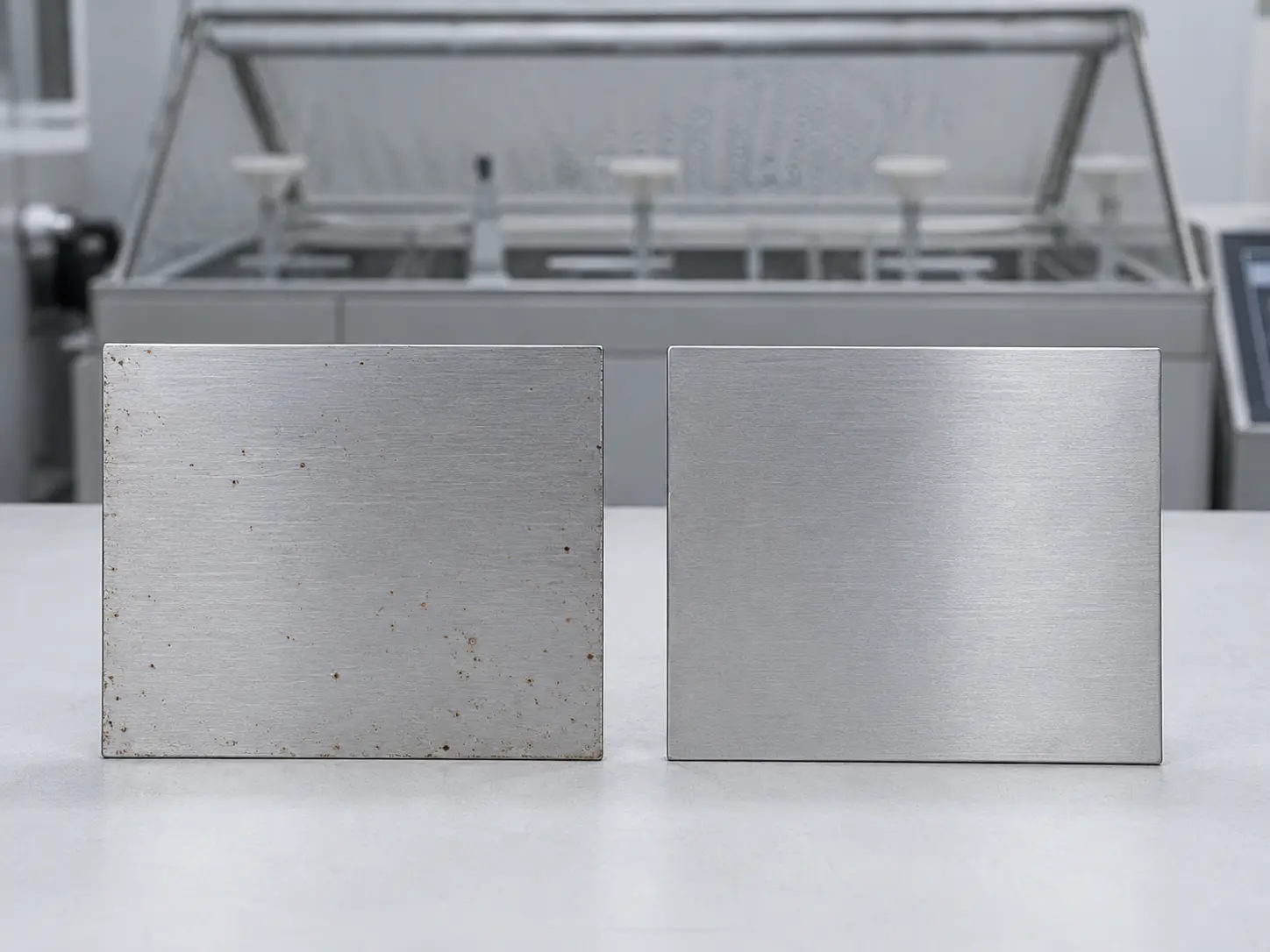304 and 316 stainless steel samples compared after chloride corrosion exposure, showing greater pitting resistance in 316