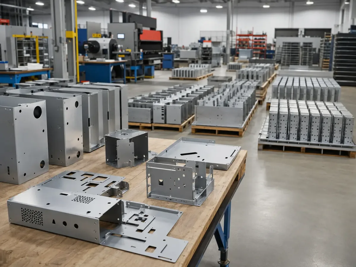 Sheet metal parts and organized production batches showing a gradual path from low-volume runs to scalable manufacturing