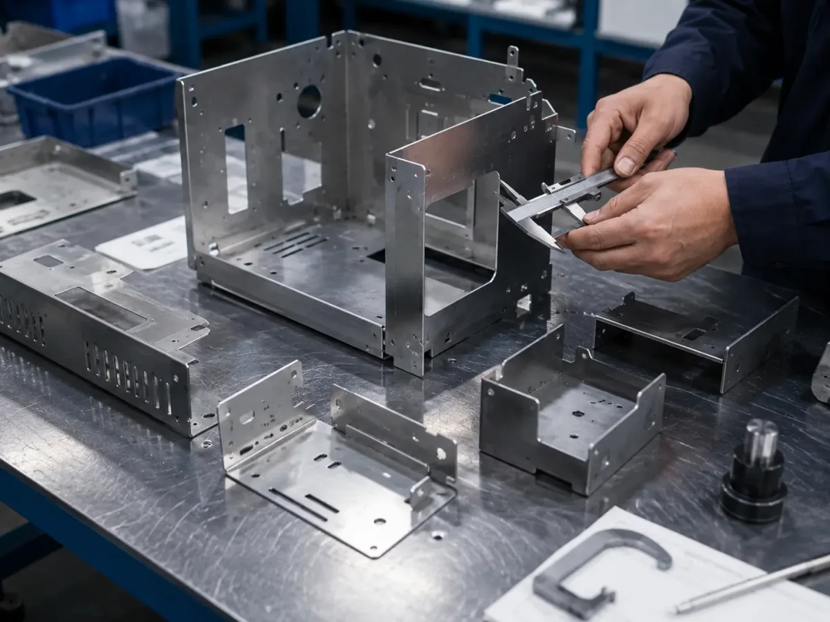 Sheet metal parts being checked for fit-up, surface quality, and assembly issues during low-volume validation
