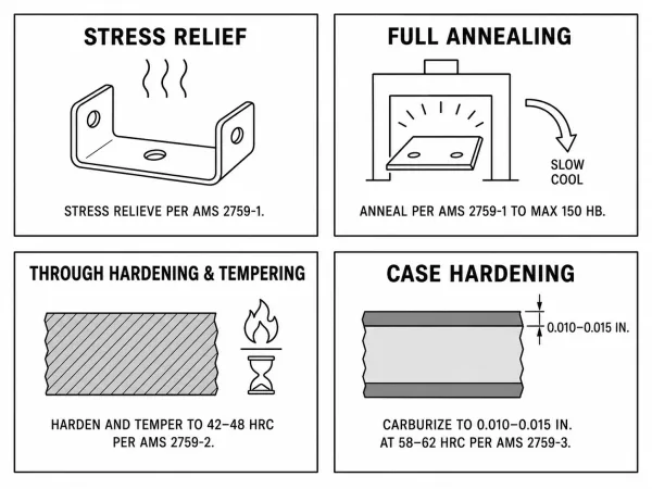 Four-panel illustration of common sheet metal heat treatment processes with typical callout examples