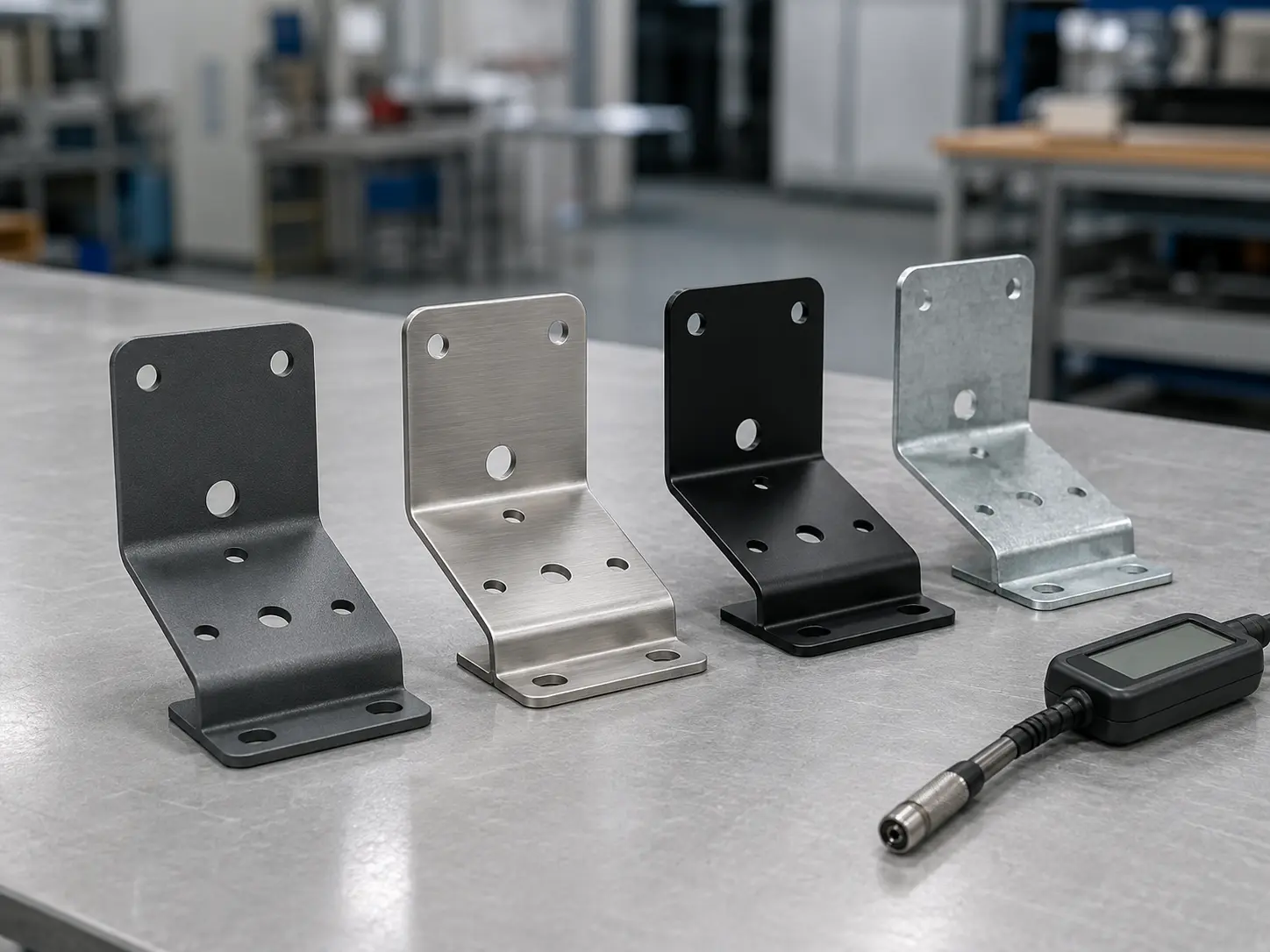 Identical sheet metal parts comparing powder coating, brushed stainless steel, black anodizing, and galvanized finishes