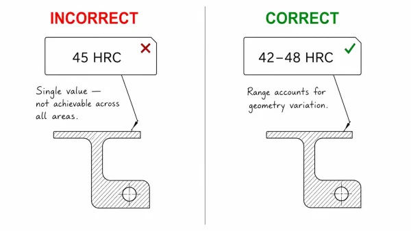 Side-by-side comparison of incorrect single hardness value and correct hardness range on a drawing callout
