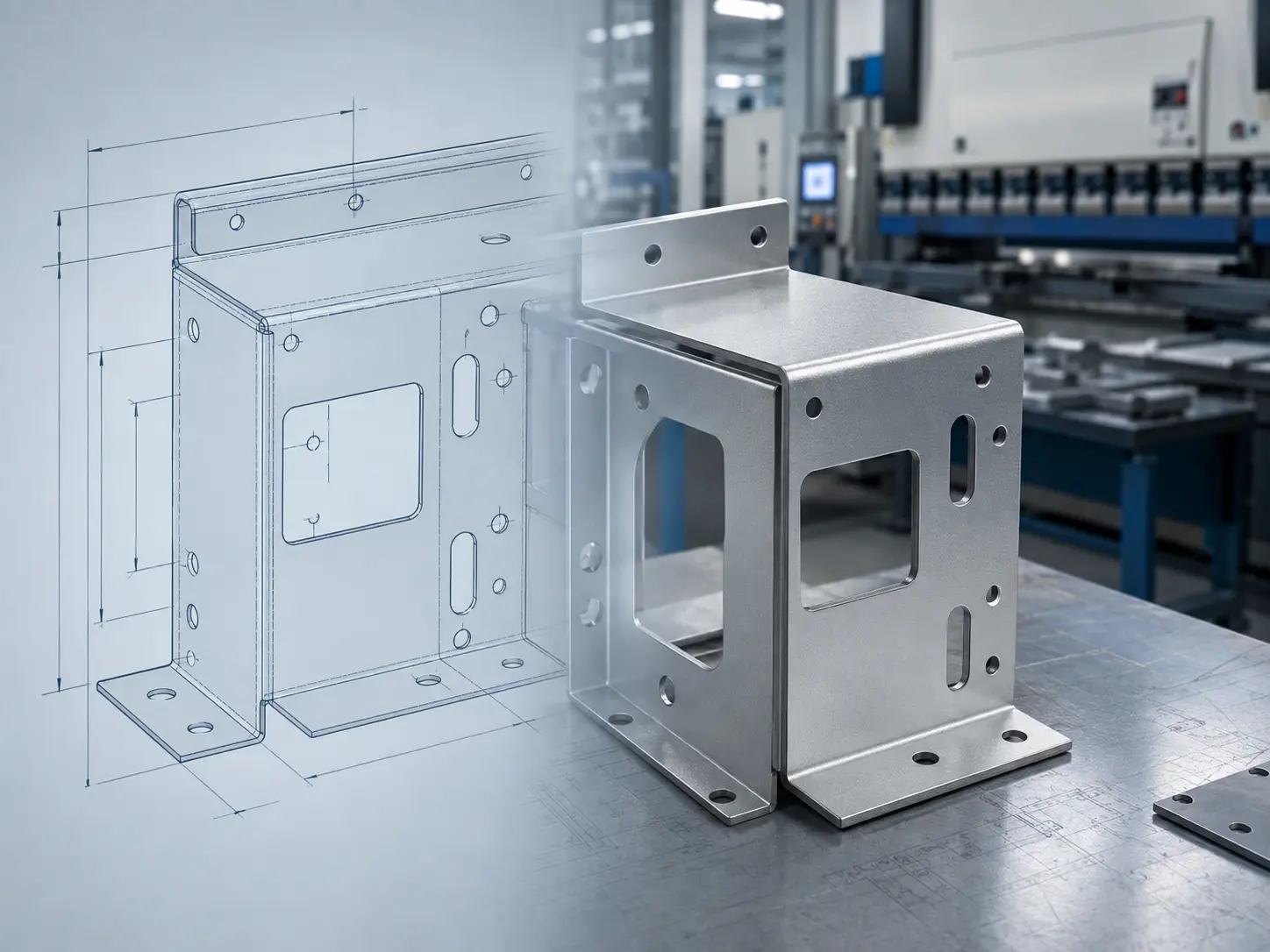 Sheet metal part transitioning from an engineering drawing to a finished fabricated component to illustrate the DFM process