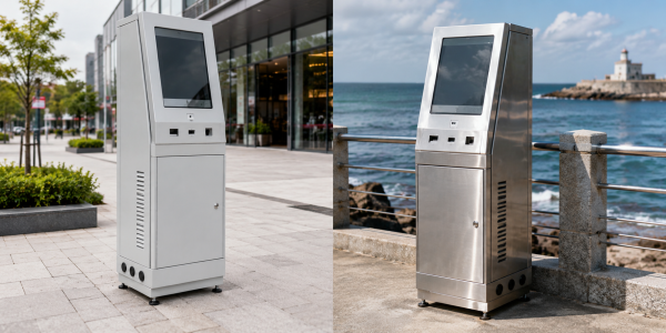 Outdoor kiosk cabinets in urban and coastal environments using different enclosure materials