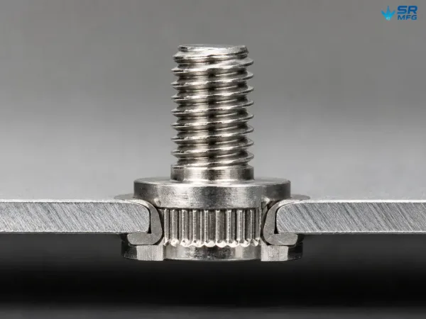 Cross-section detail of a self-clinching stud mechanically locked into sheet metal
