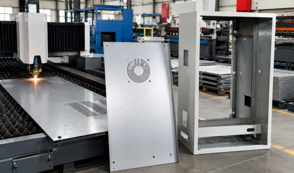 Laser-cut ventilation and fan openings manufactured into an outdoor kiosk cabinet