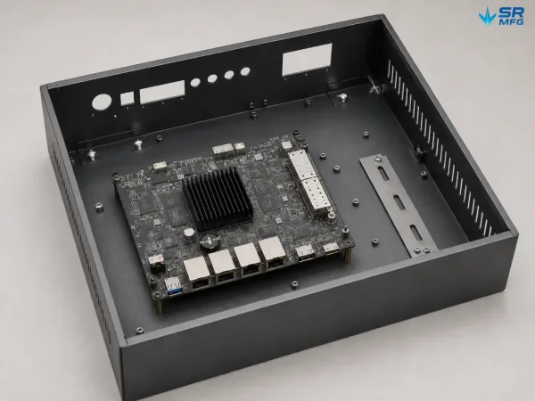 WiFi router enclosure with PCB standoffs DIN rail slots and cable mounting points