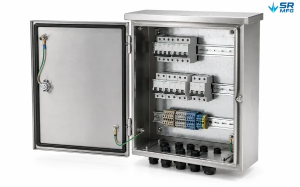 Interior configuration of outdoor junction box with mounting plate DIN rail and cable entry