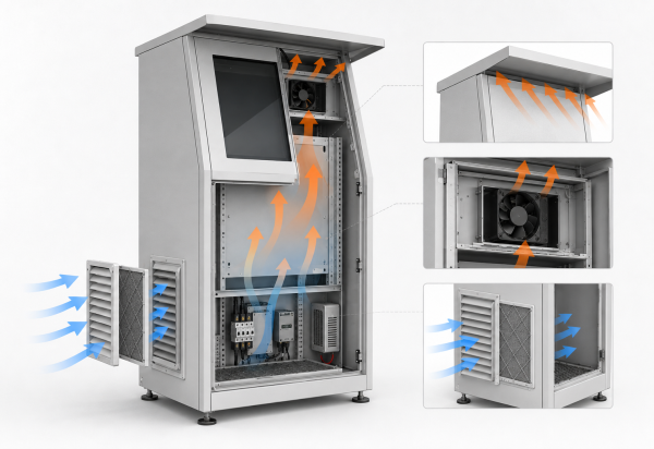 Thermal management system inside a weatherproof outdoor kiosk cabinet